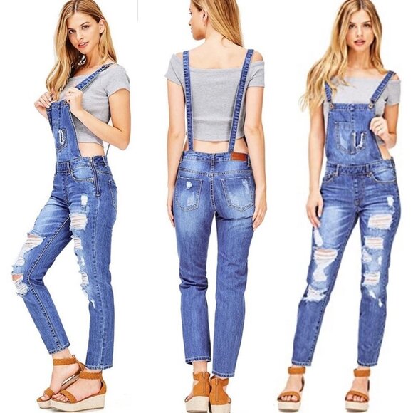 NWT Monkey Ride Distressed Denim Overalls Plus Size XXL Dungarees New With Tags - Picture 2 of 14